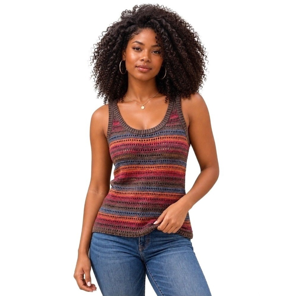 Sweet & Sinful Women Tank Large Multi-Color Open Knit Striped Sleeveless Top